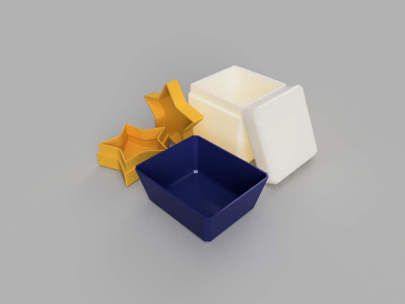 A render of customizable storage solutions such as star shaped boxes, square boxes, and bins