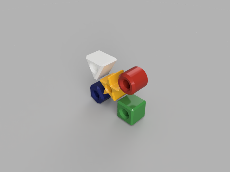 A render of several 3d printed geometrically shaped beads for teaching children to thread